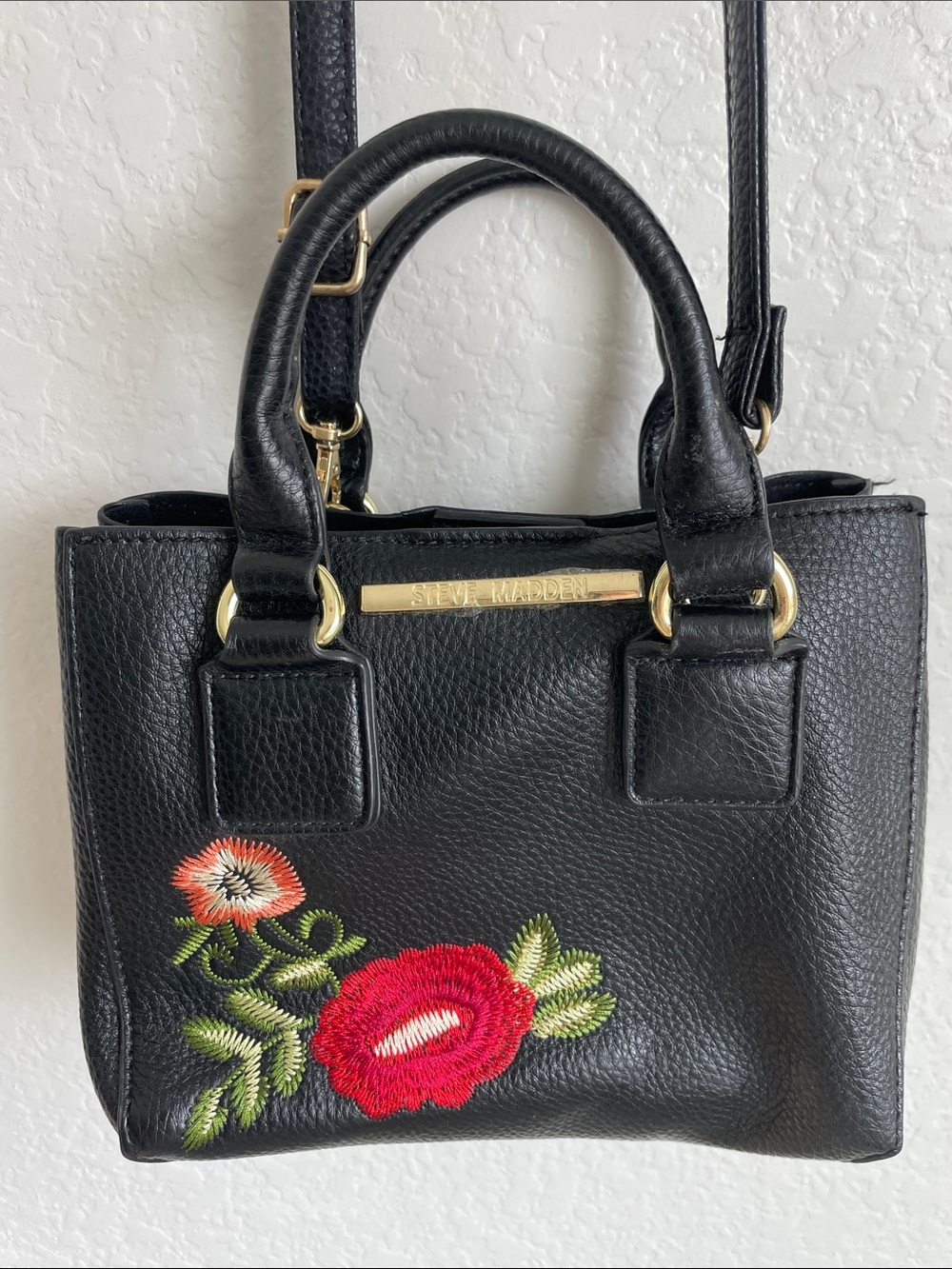 Steve Madden Black Leather Crossbody Bag with Red Floral Embroidery